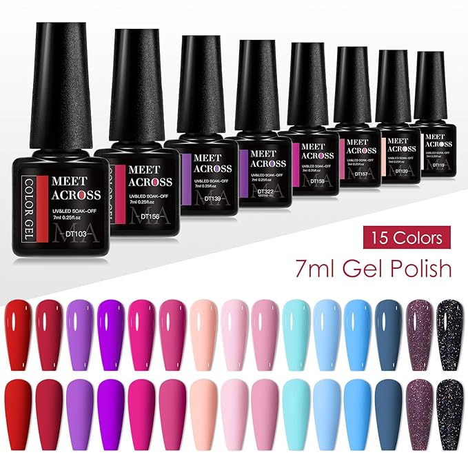MEET ACROSS Gel Nail Polish Set 18Pcs Nude Gel Polish Set 15 Colors Red Pink Purple Sky Blue Nail Polish Kit Soak Off Nail Set Gifts for Women