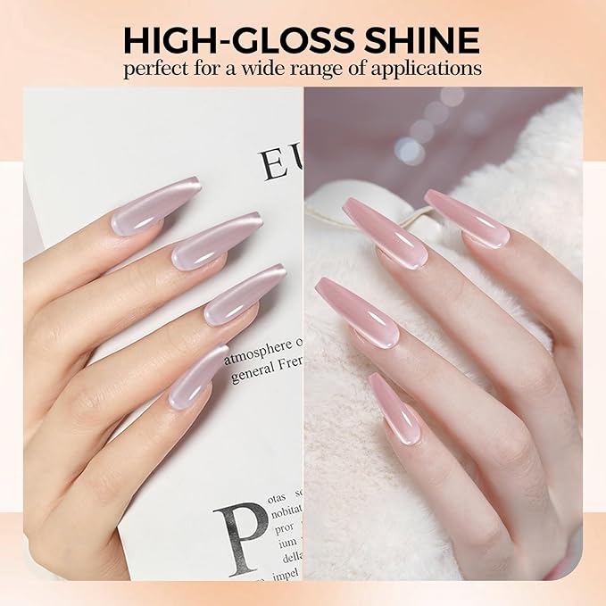 Adhere 7Pcs 5G Ultrafine Magnetic Water Light Sensation Colorful Light Cat Eye Gel Nail Polish, Transparent Light Pink Colored Glass Bead Cat Eye with Magnet Brush