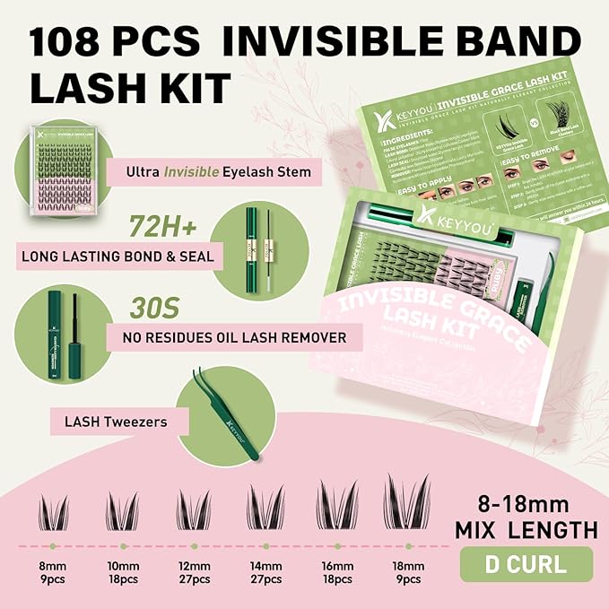 Fairy Ruby Lash Clusters Kit Manga Lash Extension Kit D Curl 108Pcs Eyelash Extension Kit Wispy Natural Invisible Band Lash Kit with Waterproof DIY Lash Extension Kit at Home(Ruby-D-8-18MIX)