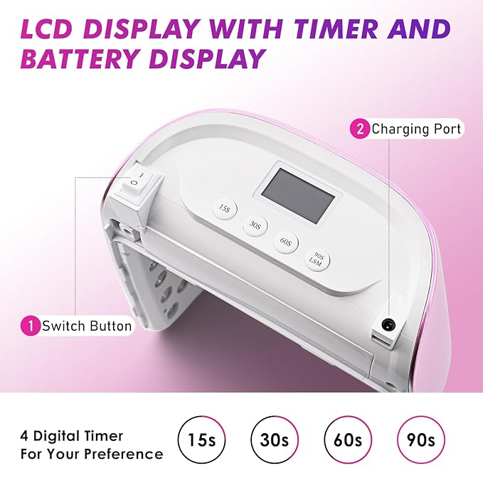 Professional Cordless Rechargeable UV LED Nail Lamp with 4 Timer Setting and 126W High Power Quick Drying Nail Dryer (Plating Pink)