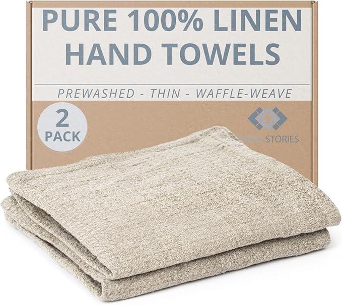 Pure 100% Linen Kitchen Towels - Linen Dish Towels for Kitchen Linens - 13x29-inch Waffle Weave Hand Towels for Bathroom Soft Lightweight Stonewashed Tea Towel Set of 2 Quick-Drying Natural Boho Decor