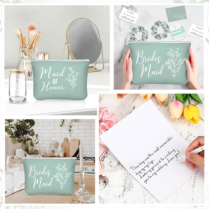 Irenare 36 Pcs Bridesmaid Proposal Gifts Bridal Shower Gifts 16 oz Glass Cup Cosmetic Makeup Bags Invited Cards Scrunchies Hair Knotted Bracelets Diamond Pens Favors for Wedding (Green)