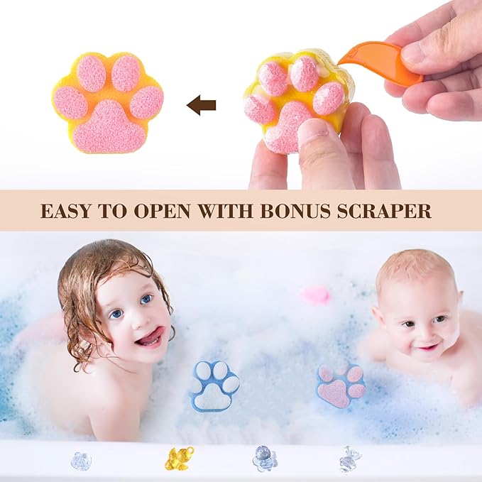 Paw Bath Bomb for Kids with Surprise Toys Inside, 12 Pcs Colorful Handmade Natural Bath Ball with Sparkling Crystal Toys, SPA Fizzy Bath Bomb Gift Set for Girl Boy at Christmas, Birthday