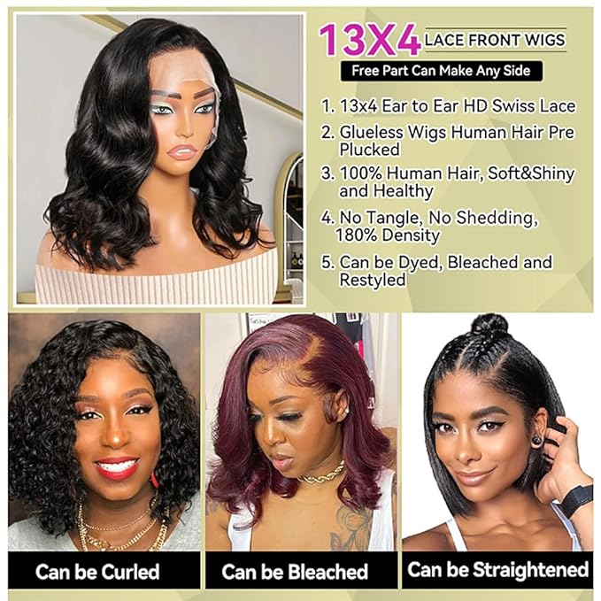 12 Inch Bob Wig Human Hair Glueless 13X4 HD Lace Front Wigs Human Hair Pre Plucked 180 Density 100% Real Human Hair Short Body Wavy Bob Wigs for Black Women Super Soft and Natural Black Color