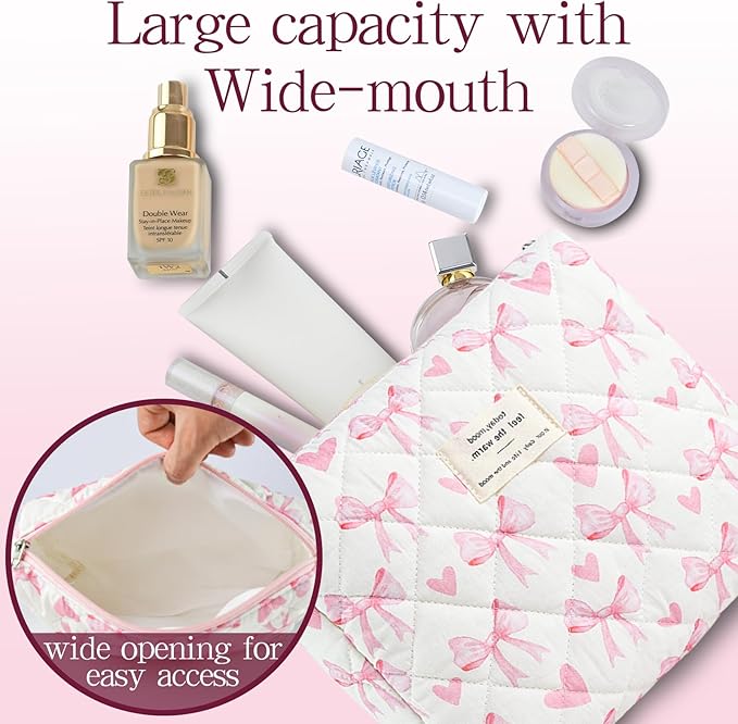 3Pcs Quilted Makeup Bag, Cute Floral Cotton Cosmetic Bag set, Coquette Bow Makeup Pouch Large Travel Toiletry Bag
