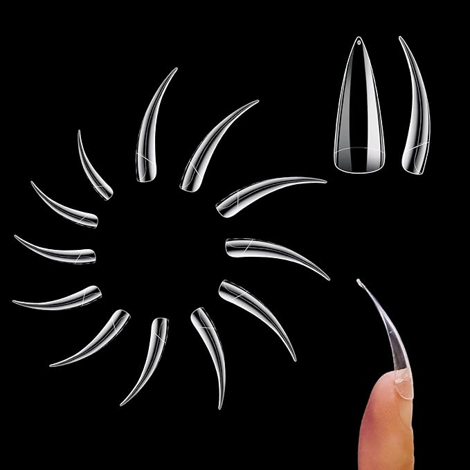 504 pcs Half Cover Curved Stiletto Long Eagle Claw Nail Tips, Clear Extra Super Deep Hawk Curve False Nail Extension for Acrylic, Raptor Sharp Fake Nails Cosplay Claws 12 Sizes in Bag