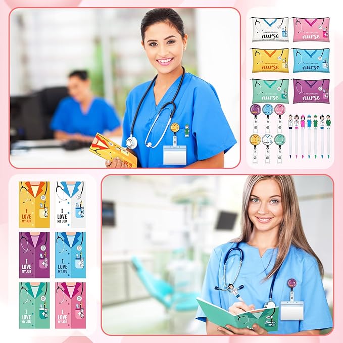 Yeaqee 48 Pcs Nurse Week Gifts 2025 Nurse Appreciation Gifts Set Include Makeup Cosmetic Bag Pocket Journal Notebooks Ballpoint Pens Badge Reel for Nursing Students Supplies(Multicolor,Stethoscope)