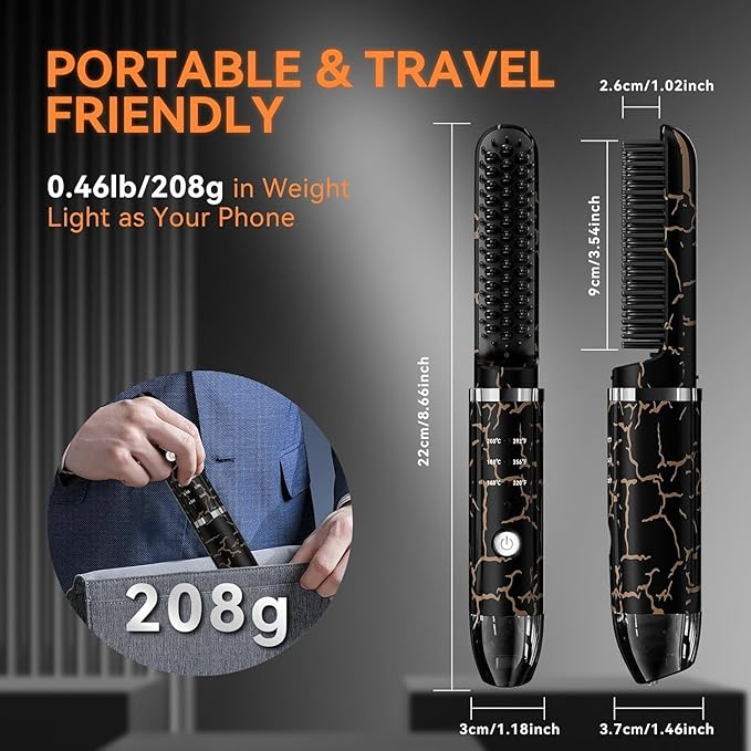 Beard Straightener for Men, Cordless Heated Beard Brush, Portable Beard Hot Combs, Ionic Mini Hair Straightener with 3 Temp Settings, Coarse & Curly Hair Brush, Grooming Kit for Men