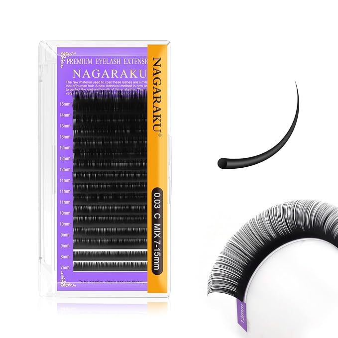 NAGARAKU Eyelash Extensions 0.03mm C curl 7-15mm Mix Tray Individual Lashes Classic Matte Black Faux Mink 16 Rows Professional Beauty Salon Supplies