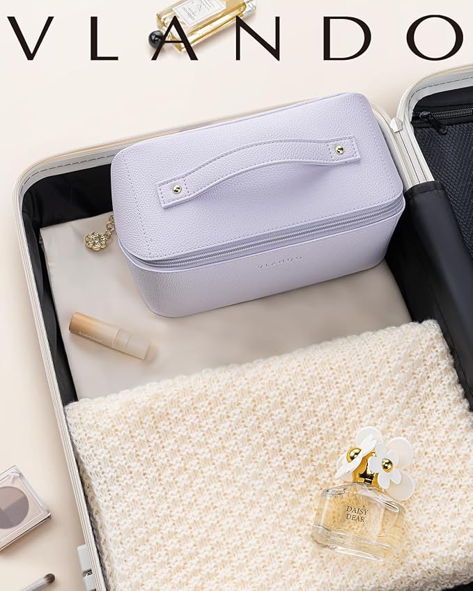 Vlando Makeup Bag,Travel Makeup Bag Waterproof Portable Cosmetic Bag PU Leather Open Flat Make up Organizer for Travelers teen Girls Women,Christmas Gifts for Women(Purple)