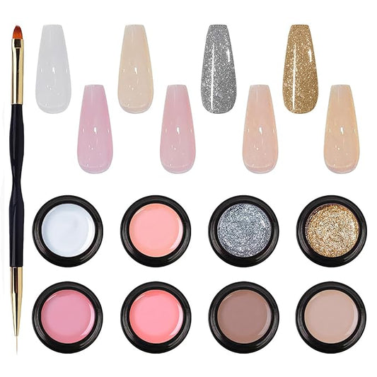 KWOLYKIM Jelly Gel Nail Polish Set - 8 Colors, Sheer Base Builder & Glitter Liner Kit, Nude Pink Milky White Gel Polish for Nail Strengthener & Repair, DIY Salon Kit for Women