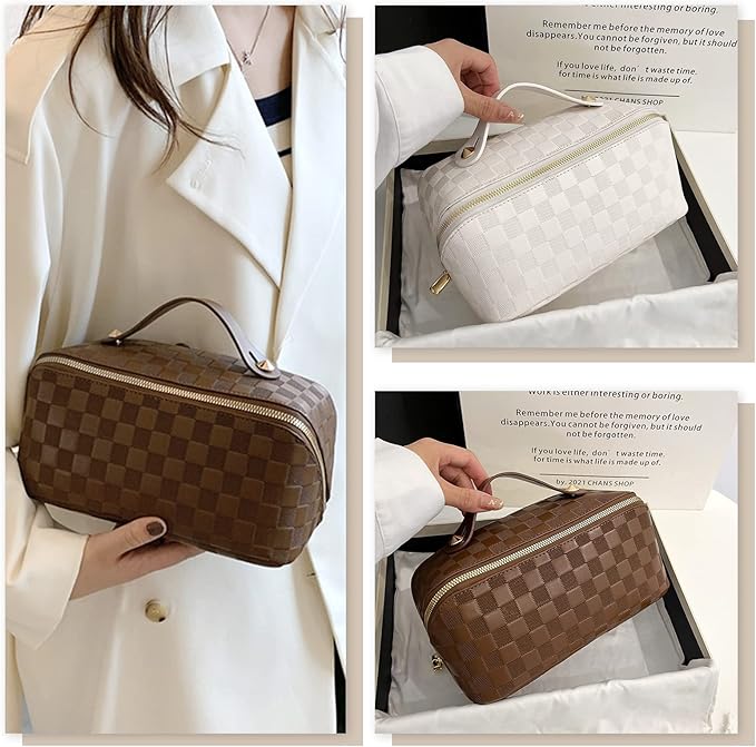 Checkered Travel Cosmetic Bag - Multifunctional Waterproof Large-capacity Makeup Bag with Handle and Divider for Easy Access (White-Checkered)