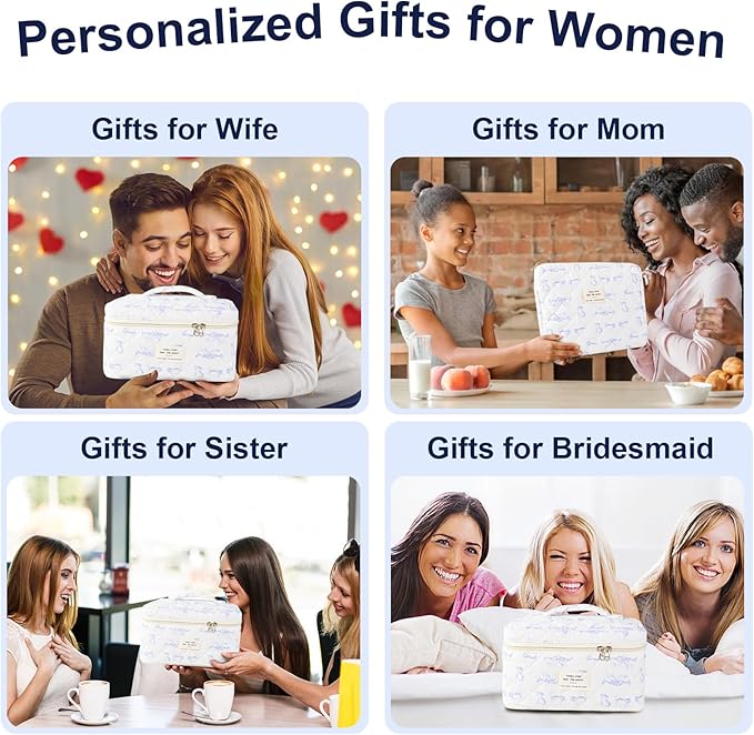 3Pcs Makeup Bag Cotton Quilted Travel Cosmetic Bag Cute Floral Makeup Pouch Large Toiletry Bag for Women Girls (Blue cat)