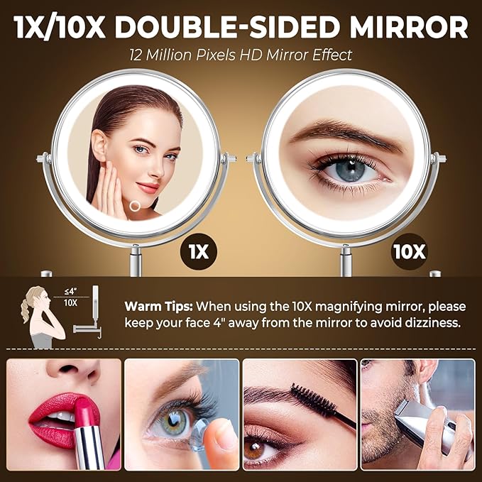 8" Wall Mounted Lighted Makeup Mirror, 3000mAh Rechargeable Double Sided 1X/10X Magnifying Mirror with Hook,3 Color Lights Dimmable 360° Rotation Vanity Mirror for Bathroom