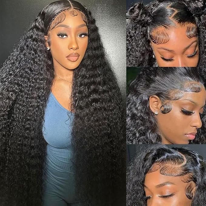 Aomllute 32 Inch Lace Front Wig Human Hair Pre Plucked 200 Density 13x4 HD Deep Wave Lace Frontal Wigs Human Hair with Baby Hair Curly Human Hair Wigs for Women Natural Black