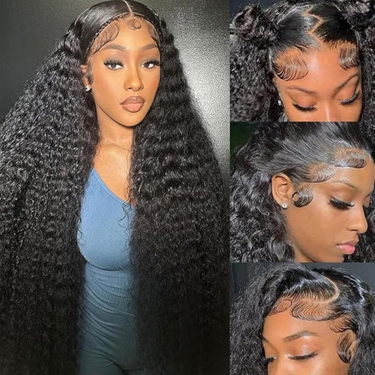 Aomllute 32 Inch Lace Front Wig Human Hair Pre Plucked 200 Density 13x4 HD Deep Wave Lace Frontal Wigs Human Hair with Baby Hair Curly Human Hair Wigs for Women Natural Black