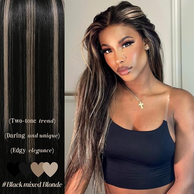Black Mixed Blonde Lace Front Wig Straight Wigs for Women Synthetic Lace Front Black and Blonde Wigs Long Straight 13X5X1 HD Lace Front Wig Natural Looking Ready to Go Glueless Wig