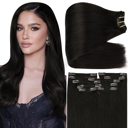 Full Shine Clip in Human Hair Extensions Black Hair Clip in Extensions Human Hair Black Triple Weft Hair Extensions Extra Volume 18 Inch 7 Pcs 135 G