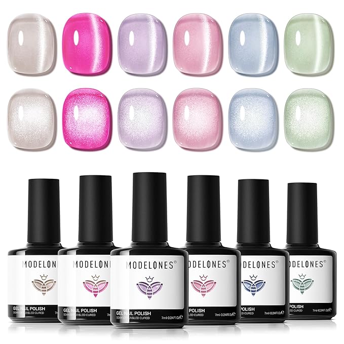 modelones Cat Eye Gel Nail Polish, 6 Colors Glitter Summer Pink Blue Green Blue Gel Polish Set with Magnet Sparkle Translucent Nail Gel Polish Kit Soak Off Led Nail Art Manicure Salon DIY Gifts