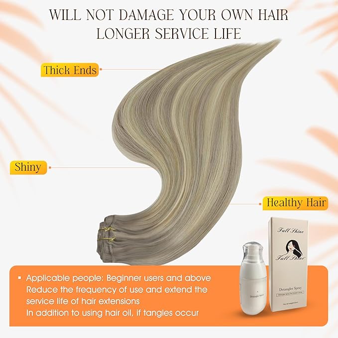Full Shine Blonde Clip in Hair Extensions Real Hair Double Weft Clip in Extensions Balayage Ash Grey Fading to Blonde Hair Extensions for Volume 7 Pcs 14 Inch 120 G