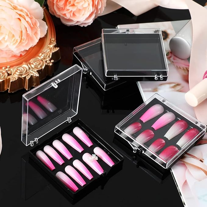 30 Sets Press on Nail Box Nail Display Case Artificial Nail Display Storage Box with 60 Pcs Adhesive Double Sided Tape Acrylic Nail Box Press On Nail Packaging for Nail Salon (Black, 2.76 x 2.76 inch)