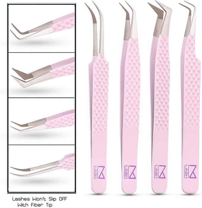 M LASH Tweezers for Eyelash Extensions (Set of 4) - Professional Lash Extension Tweezers - Fiber Tip, Japanese Steel, Diamond Grip Eyelash Extension Tweezer (Lilac)