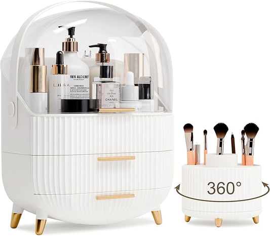 Makeup Organizers and Storage Make up Organizer for Vanity Cosmetics Skincare With Lid and Drawers Display Cases for Countertop Bathroom Women Teenager Girl Gifts(White+Brush Holder)
