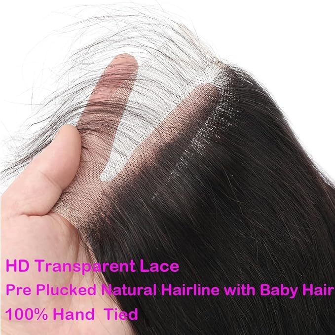 5x5 HD Transparent Lace Closure - Straight Human Hair, Brazilian, 20inch, Virgin, 100% Real, Free Part, Pre Plucked, Natural Black, Glueless