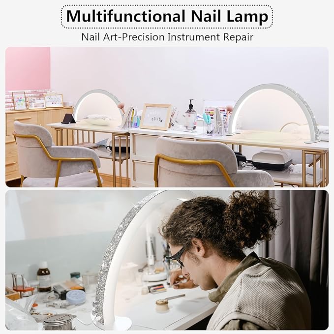 Lash Light, Half Moon Light for Lash Extensions, Beauty, Skincare, Eyebrows, Tattoo, Nail Tech Lamp with Stepless Dimming and Color Temperature (with Rhinestones, Pink)