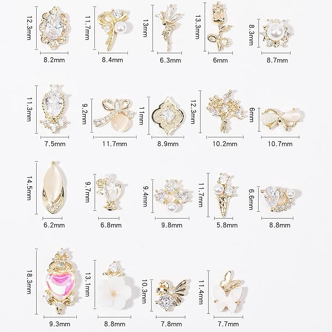 HNUIX Nail Charms and Gems - Gold Copper Zircon, Multiple Shapes 3D Dangle, Metal Jewelry Rhinestones for Nails (19pieces B Set)