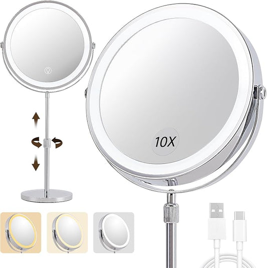 9"Lighted Makeup Mirror, Vanity Mirror with Lights,3000 mAh Rechargeable Height Adjustable,1x/10x Magnifying Mirror with 3 Color, Brightness Adjustable,360° Rotation Double Sided Mirror, Women Gift