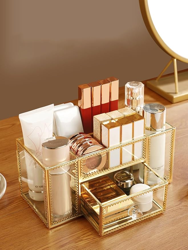 FSyueyun Vanity Clear Glass Makeup Organizer, Gold Makeup Brush Holder Cosmetic Storage Display Case for Skincare Perfume Dresser Countertop