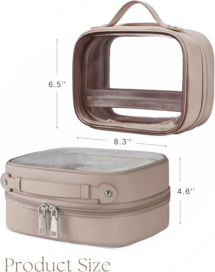 Clear Cosmetic Bag Double Layer 4 Compartments Travel Toiletry Bag Clear Makeup Bag Case with Zipper Transparent Travel Bag for Toiletries, TSA Approved, Gift for Women Girls (Stone)