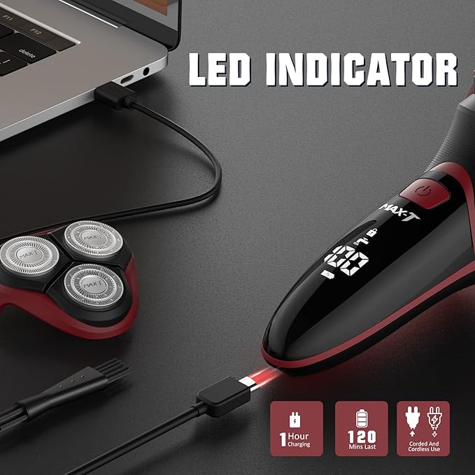 MAX-T Men's Electric Shaver - Corded and Cordless Rechargeable 3D Rotary Shaver Razor for Men with Pop-up Sideburn Trimmer Wet and Dry Painless 100-240V Red