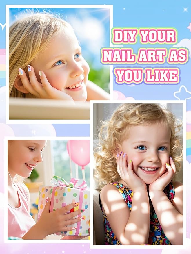 72 Pieces Press on Nails for Kids, EBANKU 3 Pack Kid Fake Nail Kit Pink Purple Gold Strawberry Flower Press on Nails for girls 8-12 Years with Jelly Nail Adhesives