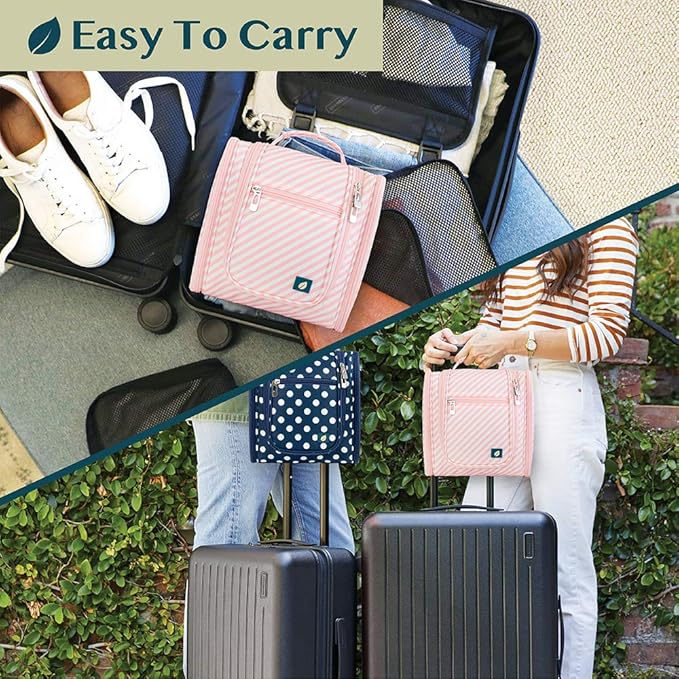 PAVILIA Toiletry Bag Travel Bag for Women Men, Hanging Cosmetic Organizer, Water Resistant Makeup Bag for Accessories Toiletries, Large Travel Essentials Kit (Pink Stripe)