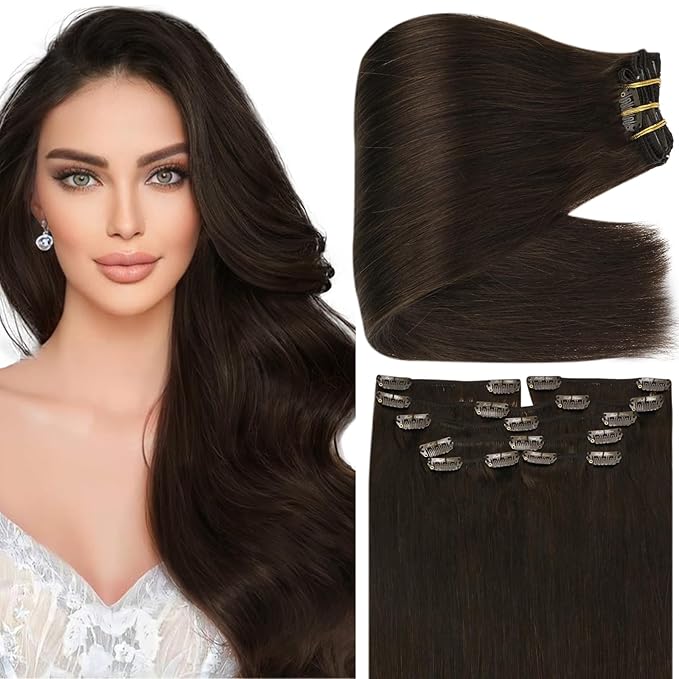 Full Shine Clip in Hair Extensions Dark Brown 22 Inch Thick Hair Extensions Real Human Hair Straight Brown Invisible Remy Hair Clip in Extra Volume 7 Pcs 150 G
