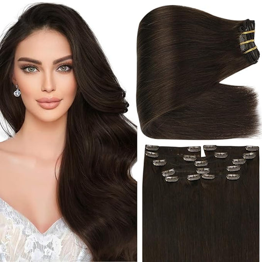 Full Shine Dark Brown Hair Extensions Clip ins Real Hair Clip in Extensions Invisible Clip in Hair Extensions for Women Brown Thick Human Hair Extra Volume 18 Inch 7 Pcs 135 G