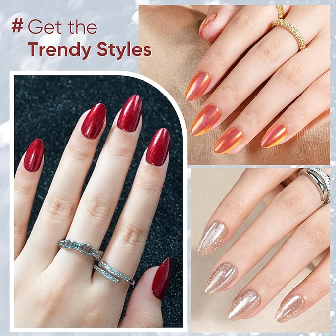 Cat Eye Press on Nails Short - Jofay Fashion 5 Styles Valentines Red Short Almond False Nails with Cherry Glaze Glitter Designs, Acrylic False Nails Reusable Full Cover Stick on Fake Nails, 32 Sizes