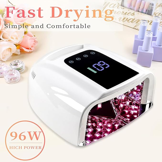 96W Rechargeable UV LED Nail Lamp, Portable Cordless UV Light for Nails with LCD Display Auto Sensor, 4 Timer Setting and Smart Sensor Nail Dryer,Nail Cure Light with Removable Bottom(White)