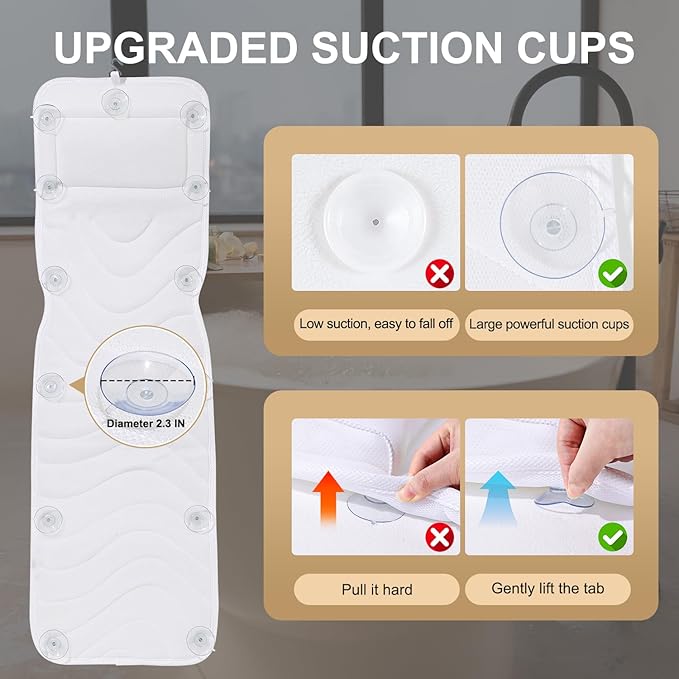 Full Body Bath Pillow for Bathtub, Non-Slip Bath Pillows for Tub, Spa Bathtub Pillow Cushion for Headrest Neck Shoulder and Back Rest Support，Relaxation Spa Accessories-50 x 15" (White)