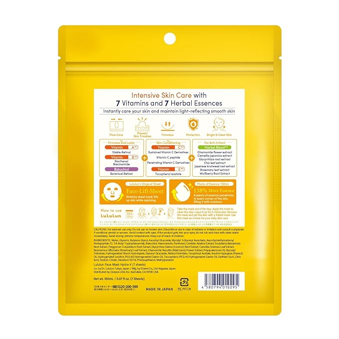 Lululun 7 EA Facial Sheet Mask with Organic 7 Herbs & 7 Vitamins for Pore Care & Rough Skin, Daily Face Sheet Mask Pack for Hydrating and Moisturizing Skincare from Japan with Vitamin C & E, Hydra V