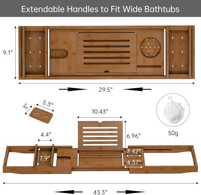 Bamboo Bathtub Tray for Luxury Bathroom, Expandable Premium Bath Tray with Soap Towel Book Holder, Luxury Spa Wooden Bath Table for Reading Laptop Over The Clawfoot Walnut