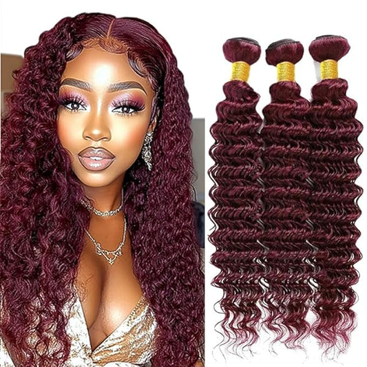 Burgundy Deep Wave Bundles Human Hair Color 99j Loose Deep Bundles Weave Extensions Brazilian Human Hair Wet and Wavy Soft Silky for Black Women 16 18 20 Inch