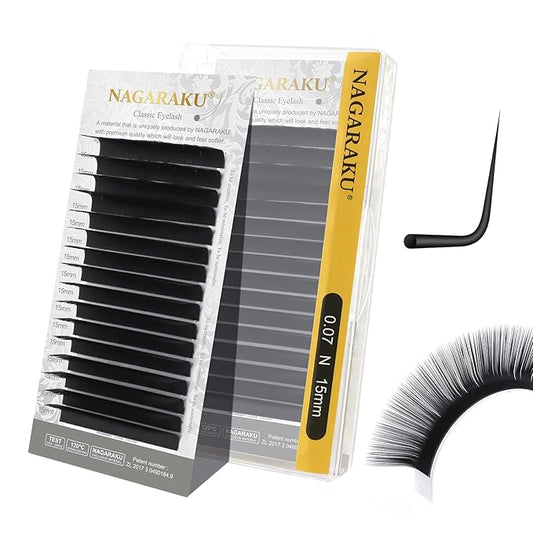 NAGARAKU Eyelash Extensions Individual Lashes Extensions Classic Lash Matte Black 16 Rows Soft Natural Matte Black Professional Beauty Salon Lashes Supplies - 0.07N 15mm