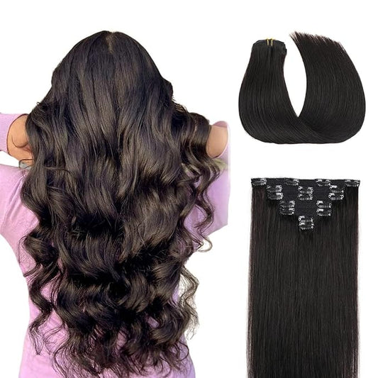 Clip In Extensions Human Hair,Lace Edge Double Weft 70g 7pcs Human Hair Clip In Extensions 18Inch #1B Natural Black Remy Hair