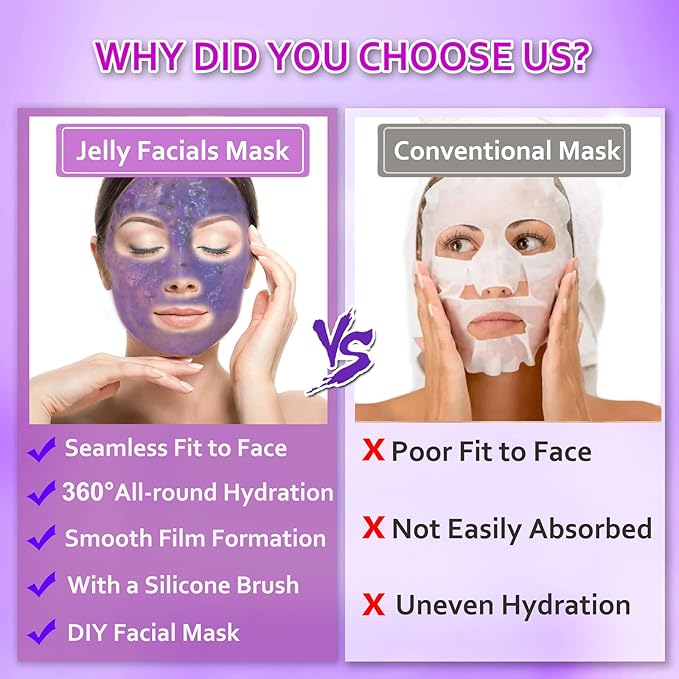 Jelly Mask Powder for Facials,Lavender Jelly Masks for Facials Professional,Jelly Face Mask,Hydrating, Brightening & Nourishing,DIY SPA Rubber Mask,with double-ended silicone brush,23 Fl Oz