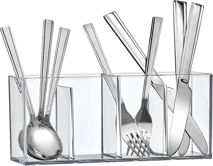 Amazing Abby - Glamour - Acrylic 4-Compartment Makeup Organizer, Transparent Plastic Makeup Brush Holder, Perfect Bathroom Vanity Storage Solution for Makeup Brushes, Eyebrow Pencils, and More