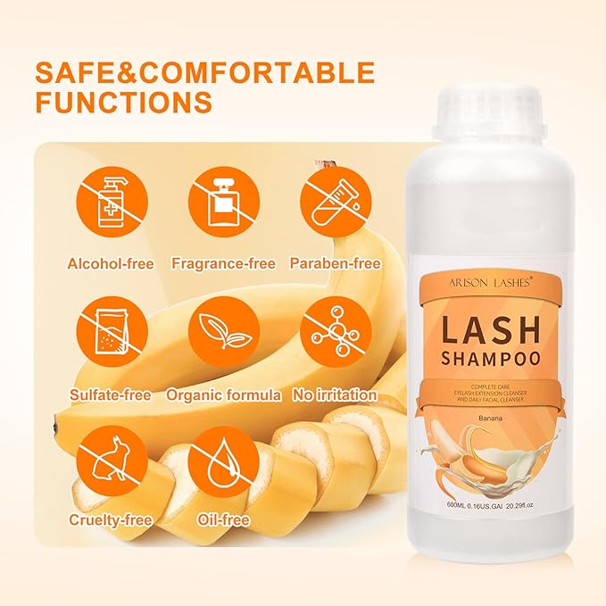 Arison Eyelash Eyelash Extension Shampoo 600ml / Eyelid Foaming Cleanser/Wash for Extensions and Natural Lashes/Paraben & Sulfate Free Safe Makeup & / Professional & Self Use (Banana)