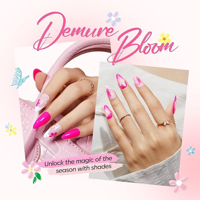 Modelones Summer Gel Nail Polish Kit with U V Light, White Jelly Glitter Hot Pink Neon Pastel Manicure Set, Base Top Coat Flower Stickers 4 Colors Gel Mini Salon Spring Nail Art Starter Gift for Women